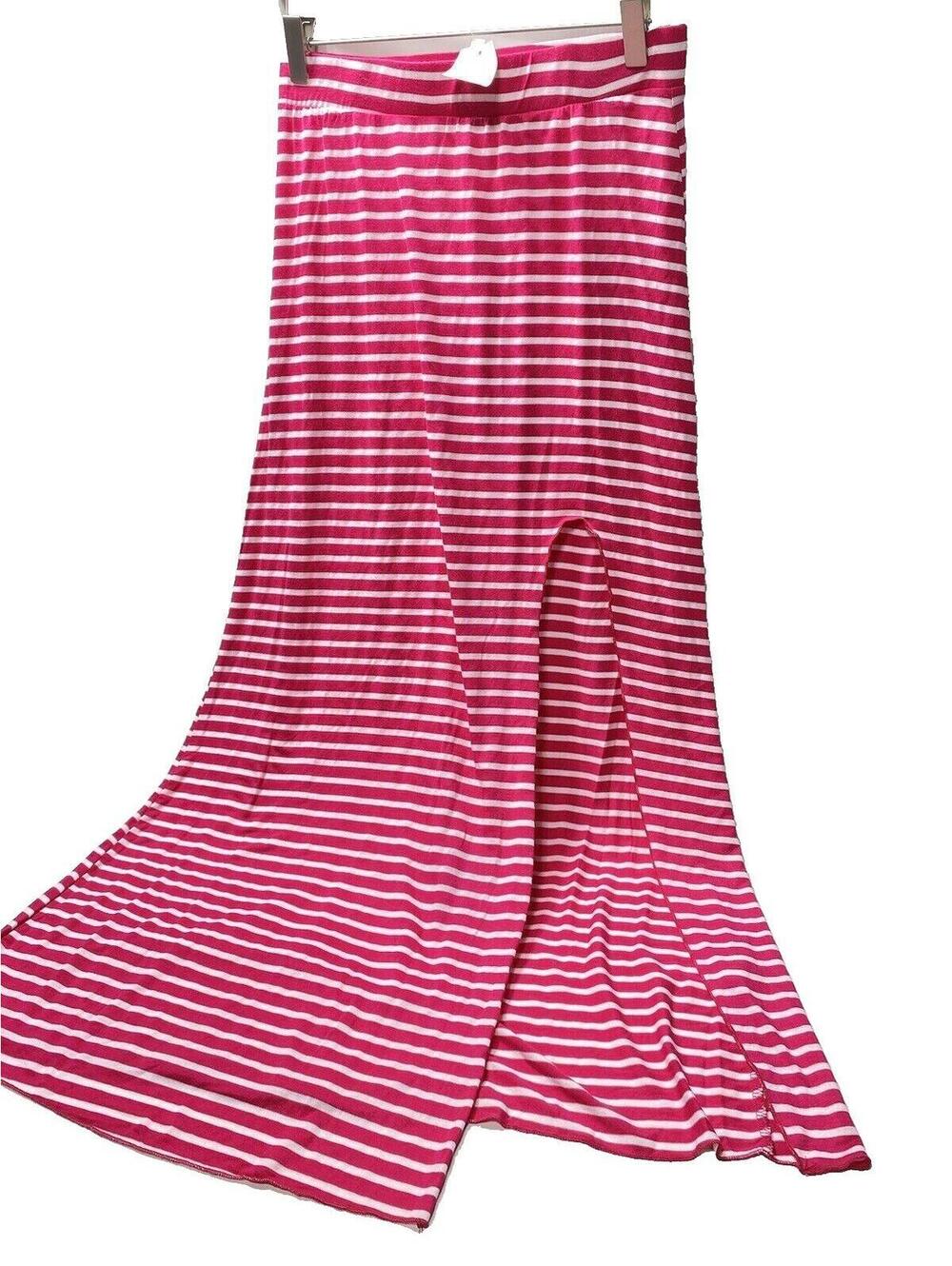 Women's Long Flowy Skirt Pink & White Striped Side Split Maxi Skirt, Medium